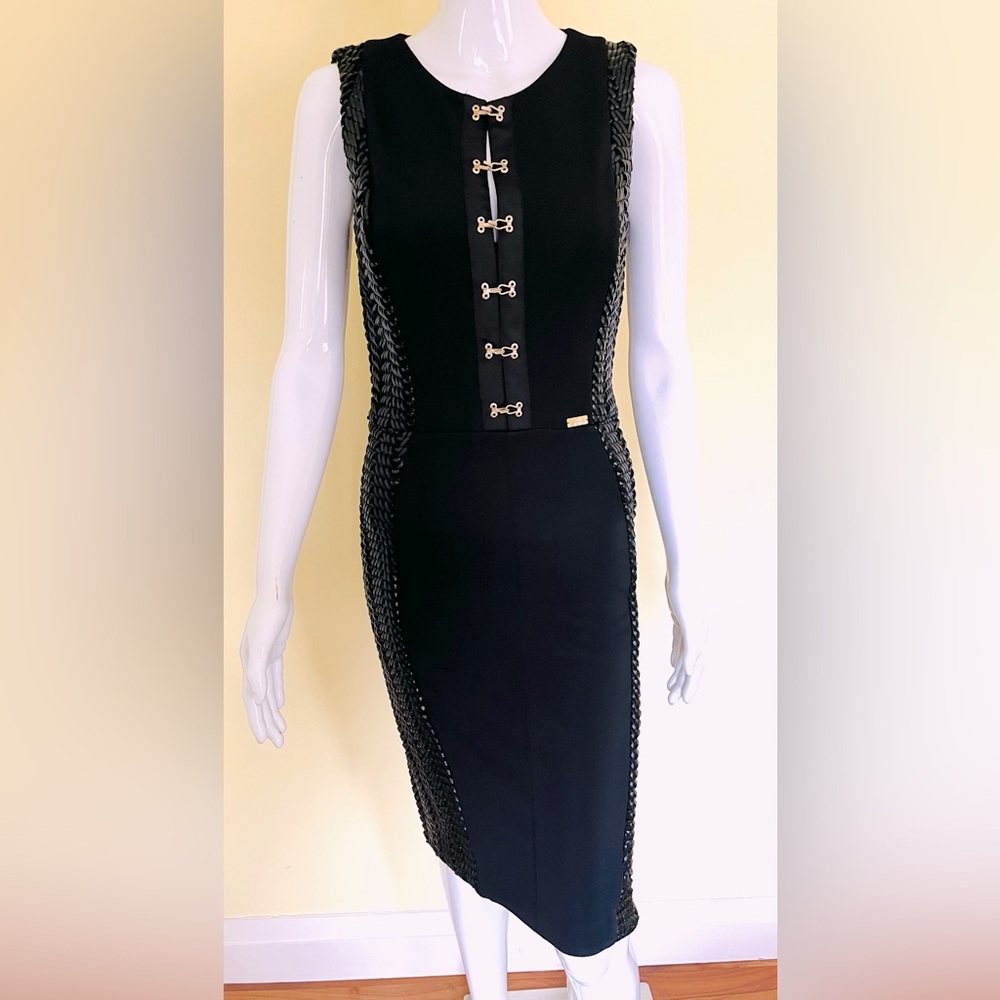 Euroka black pencil dress gold metal hook & eye front braided leather accent US4